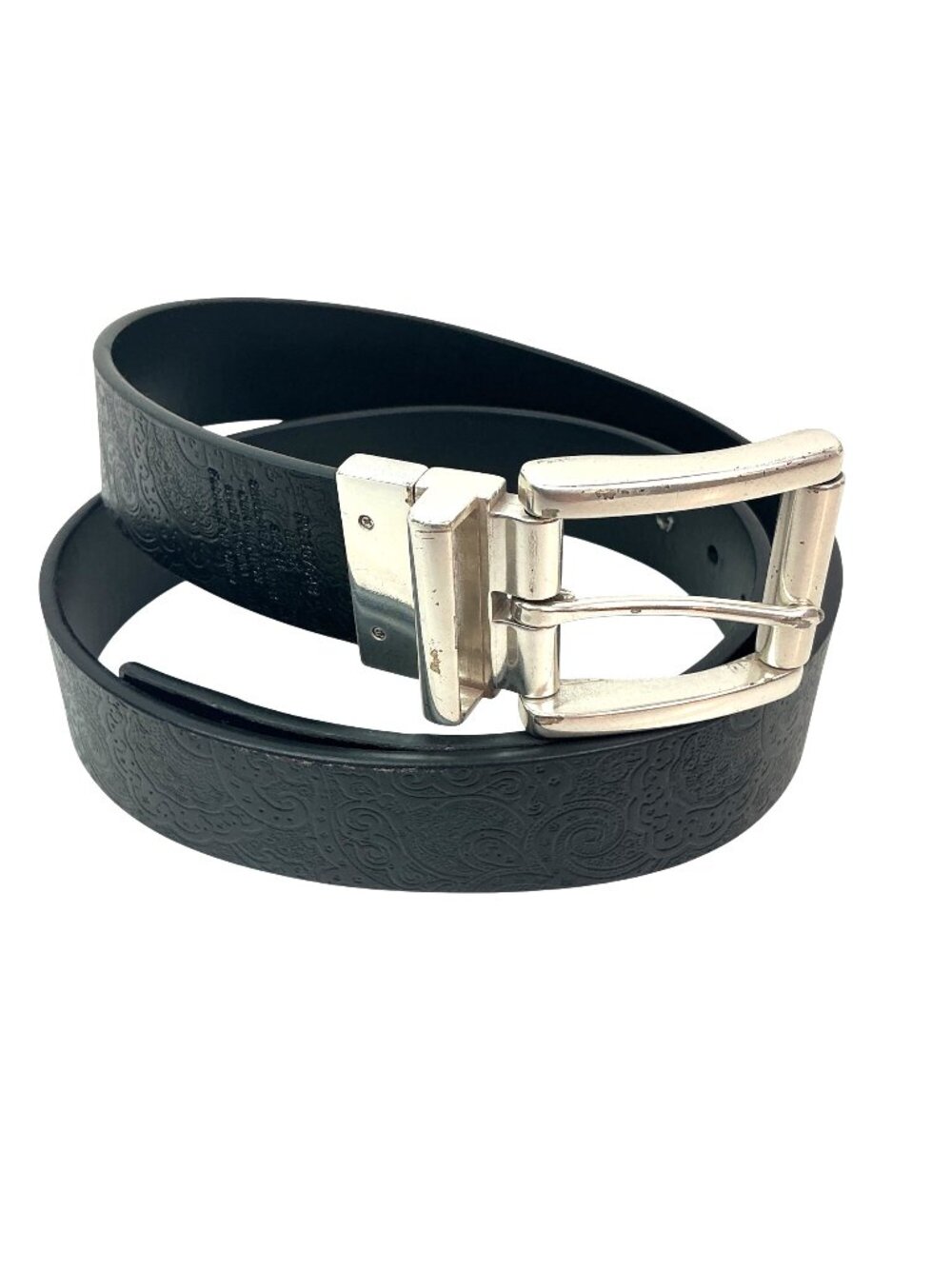 Robert Graham Norton Reversible Paisley Embossed Leather Belt Silver Roller Buck